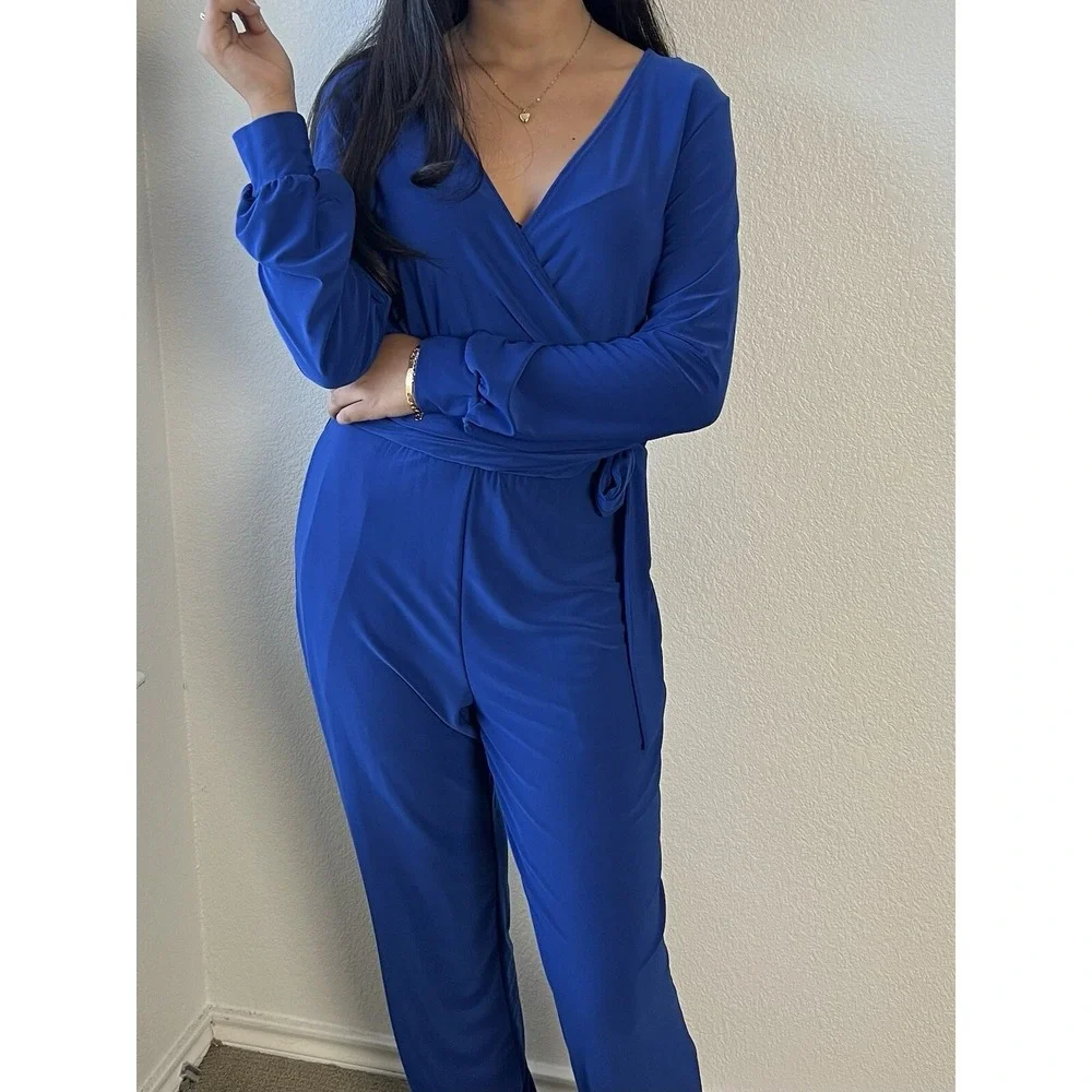 GoodTime USA NEW Womens Blue Solid Romper Jumpsuit Size Small‎ Long Sleeve V Cut
